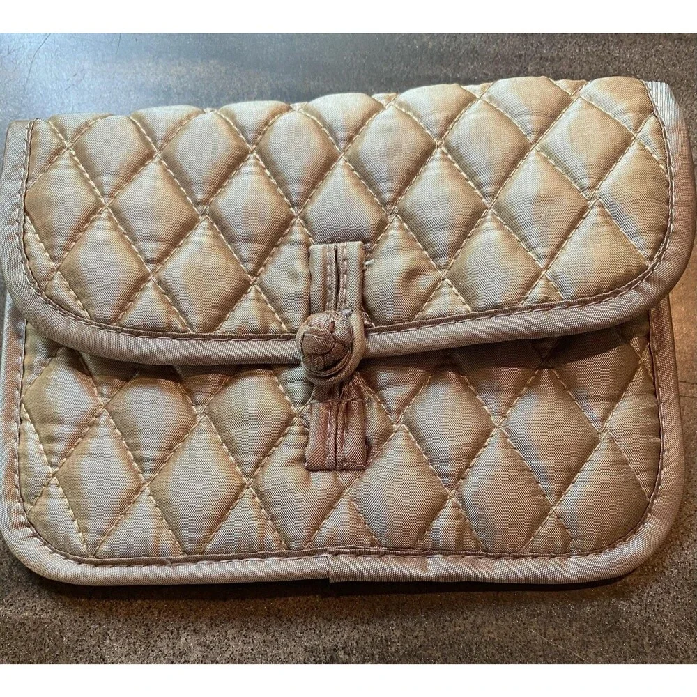 Brighton Quilted Cosmetic Jewelry Bag Women's Small Gray Button Closure Satin